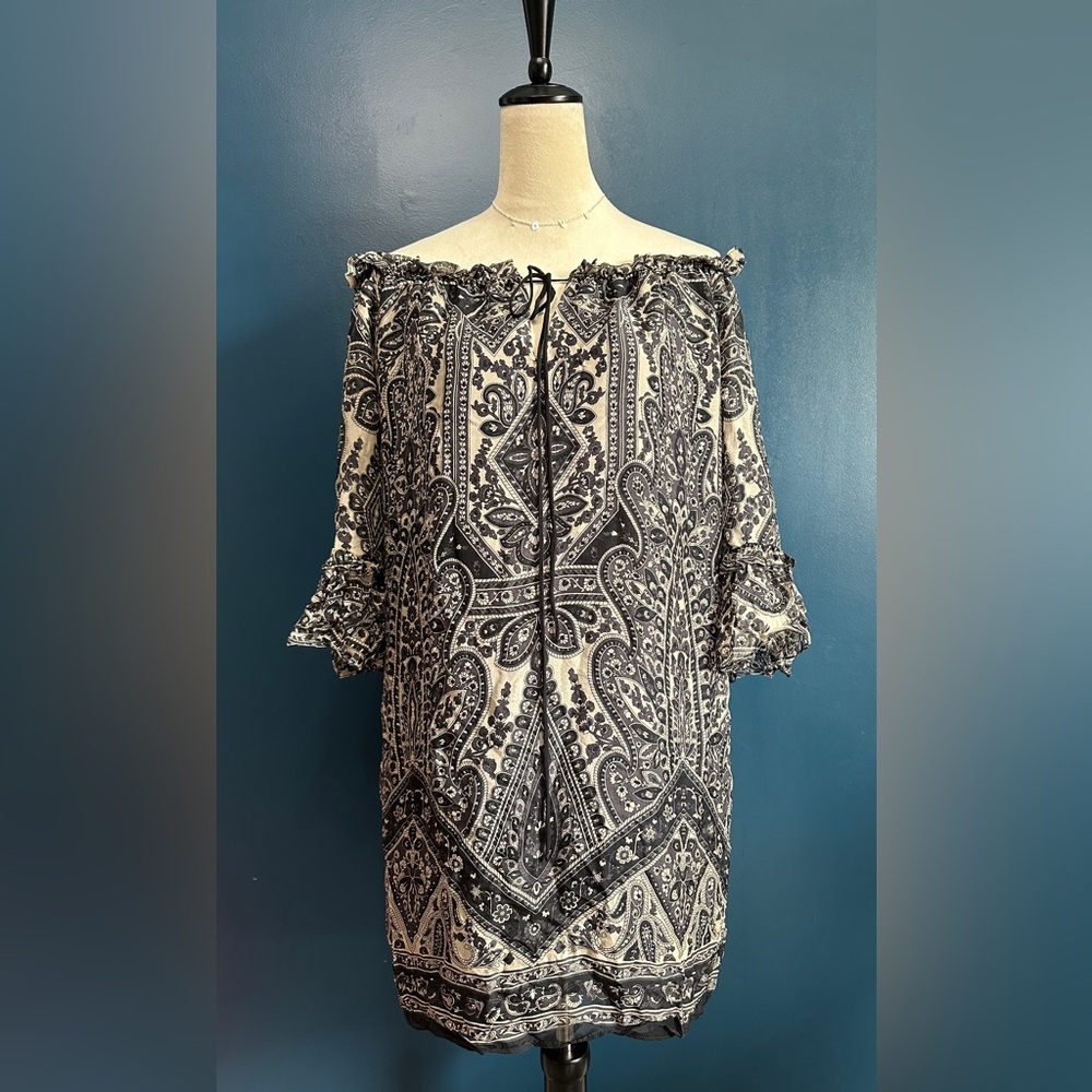 MILLY OF NEW YORK Vintage 100% Silk Off the Shoulder Printed Mini Dress Size 6